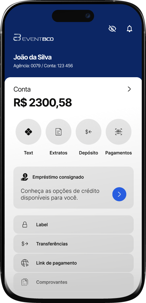 Tela inicial do app EventBCO: saldo da conta, agência e número, e atalhos para extratos, depósito e pagamentos.